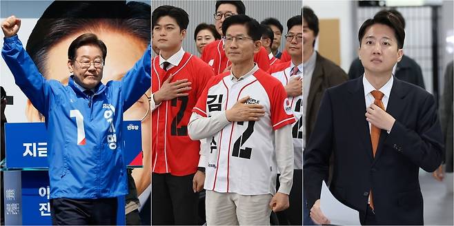 제21대 대통령 선출을 위한 공식 선거운동이 시작된 12일 더불어민주당 이재명 대선 후보(왼쪽)가 서울 광화문 청계광장에서 열린 출정식에서 후보 연설을, 국민의힘 김문수 대선 후보(가운데)가 여의도 중앙당사에서 열린 중앙선대위 임명장 수여식에서 국민의례를, 개혁신당 이준석 대선 후보가 국회 소통관에서 선거 구상 발표 준비를 각각 하고 있다./ 사진=연합뉴스