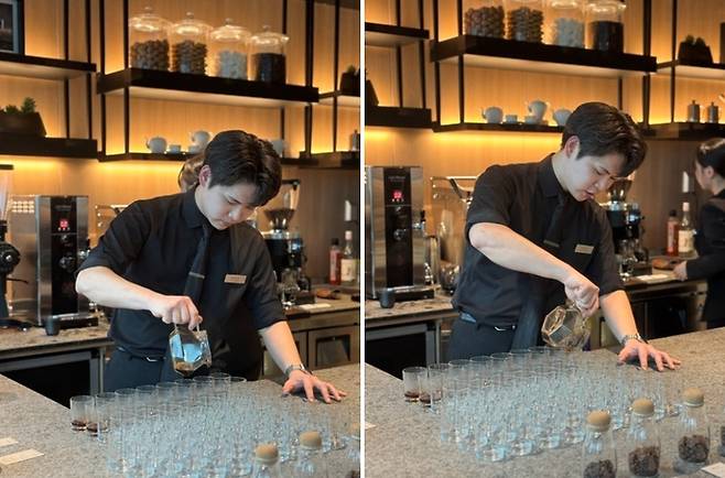 스페셜티 커피 핸드드립 시연 중인 이정인 헤드 바리스타 / 사진=홍지연 여행+ 기자