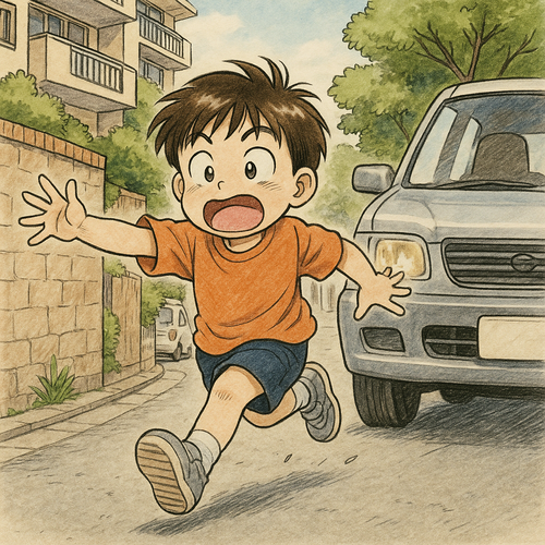 앞만 보고 달리는 어린이가 자동차 사고에 얼마나 취약한지를 주제로 AI가 생성한 이미지 [챗GPT]