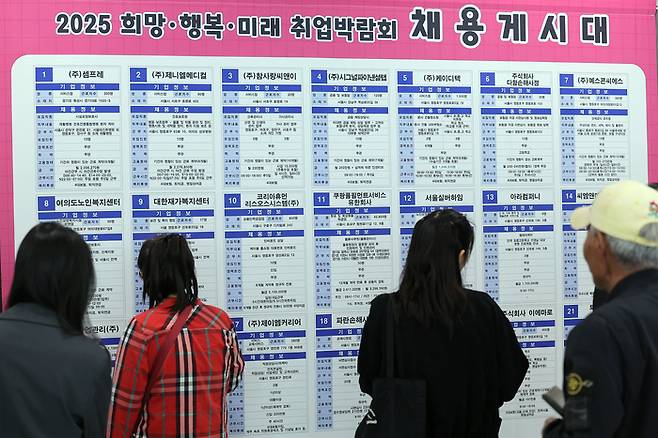 서울 영등포구 국회대로 영등포아트홀에서 열린 2025 희망‧행복·미래 취업박람회를 찾은 구직자들이 채용게시대를 살펴보고 있다. 이번 취업박람회는 금융, 병원, 산후관리, 고객상담 등 다양한 직종의 23개 구인 기업이 1:1 면접을 통해 270여 개 일자리에 대한 현장 채용을 진행한다. [사진 출처 = 뉴스1]