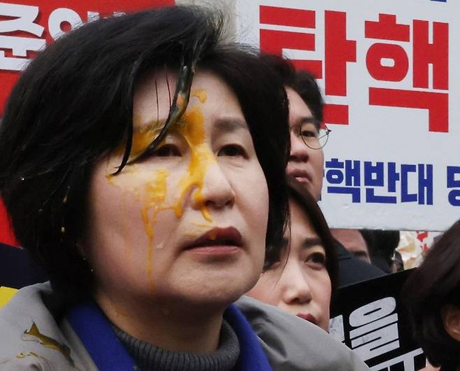 지난 3월 20일 서울 종로구 헌법재판소 앞에서 기자회견에 참가 중이던 더불어민주당 백혜련 의원이 계란을 맞은 채 발언하고 있다. [연합]