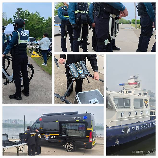 지난 11일 서울 영등포구 여의도 한강공원에서 서울경찰청 기동대원들과 한강경찰대원들이 ‘K스마트 순찰’을 시범운영 중이다. 김도윤 기자