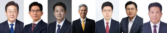 ▲제21대 대통령 선거에 총 7명의 후보가 등록한 것으로 11일 집계됐다. 왼쪽부터 기호 1번 더불어민주당 이재명 후보, 기호 2번 국민의힘 김문수 후보, 기호 4번 개혁신당 이준석 후보, 기호 5번 민주노동당 권영국 후보, 기호 6번 자유통일당 구주와 후보, 기호 7번 무소속 황교안 후보, 기호 8번 무소속 송진호 후보. ⓒ연합뉴스