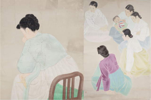 부부 작가 우향 박래현의 '여인(1942·왼쪽)'과 운보 김기창의 '모임(1943)'. 사진 제공=국립현대미술관