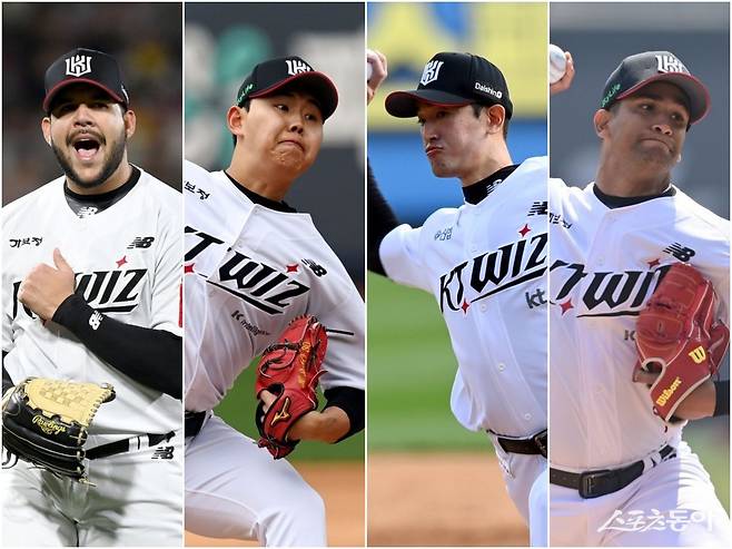 KT가 올 시즌 처음으로 주간 무승에 그쳤다. ERA 1위를 달리던 선발진의 부진이 겹쳤다. 엔마누엘 데 헤이수스, 소형준, 고영표, 윌리엄 쿠에바스(왼쪽부터)가 이 기간 연달아 패전을 떠안았다. 스포츠동아DB