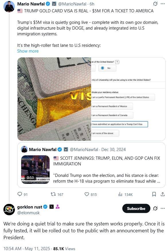 일론 머스크가 '골드카드'에 대해 언급한 글 [엑스(X) 게시물 캡처. 재판매 및 DB 금지]
