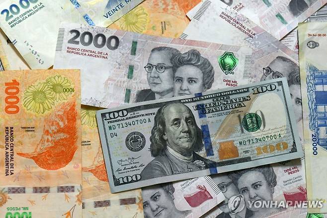 100달러 지폐와 아르헨티나 지폐 [AFP 연합뉴스 자료사진. 재판매 및 DB 금지]