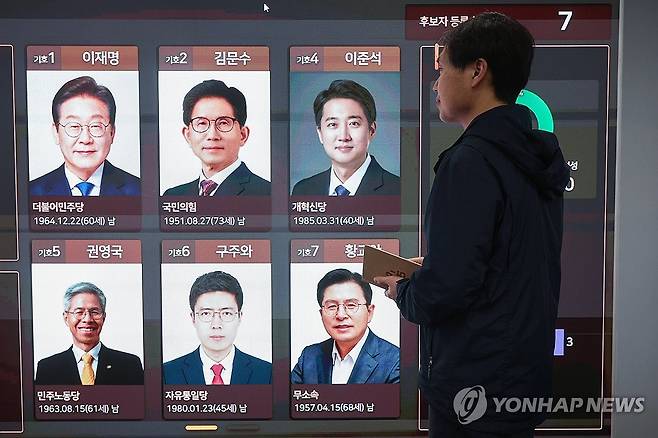 본격 레이스 시작된 제21대 대선 (과천=연합뉴스) 서대연 기자 = 제21대 대통령 선거를 22일 앞두고 공식 선거운동이 시작된 12일 경기도 과천시 중앙선거관리위원회 현황판에 대선 후보자 등록현황 등이 표시돼 있다. 2025.5.12 dwise@yna.co.kr