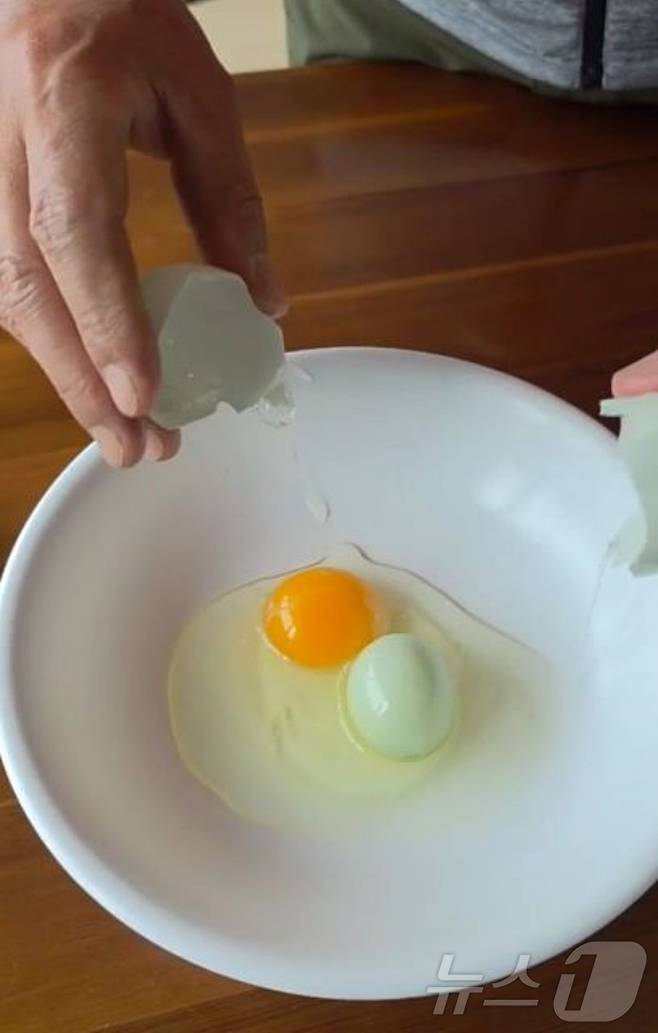 충북 괴산군의 한 농가에서 키우던 닭이 낳은 달걀 속에서 또 하나의 달걀이 나와 화제다.(조광현 씨 제공. 재판매 및 DB 금지)/뉴스1 ⓒ News1