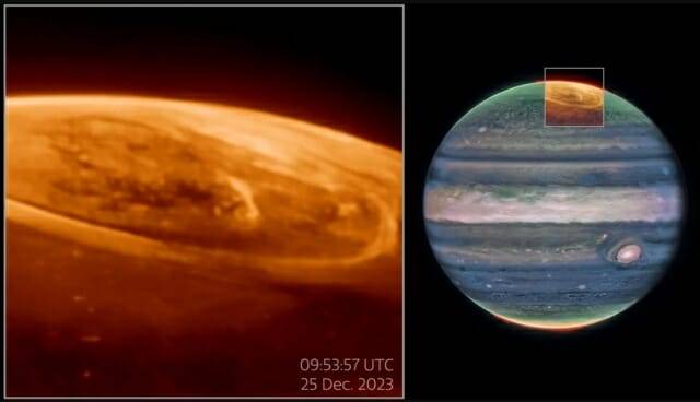 2023년 12월 25일 JWST 근적외선 카메라로 촬영된 목성 오로라. 오른쪽 이미지는 2023년에 처음 공개된 사진이며, 이번에 관측된 오로라의 위치가 상단에 표시돼 있다. (출처=NASA, ESA, CSA, STScI, Ricardo Hueso(UPV), Imke de Pater(UC 버클리), Thierry Fouchet(파리 천문대), Leigh Fletcher(레스터대학), Michael H. Wong(UC 버클리), Joseph DePasquale(STScI), Jonathan Nichols(레스터 대학), Mahdi Zamani(ESA/Webb))