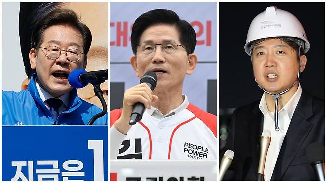 21대 대통령 선거 공식 선거운동이 12일 시작됐다. 왼쪽부터 지지를 호소하는 이재명 더불어민주당 대선후보, 김문수 국민의힘 대선후보, 이준석 개혁신당 대선후보./남강호 기자·뉴스1
