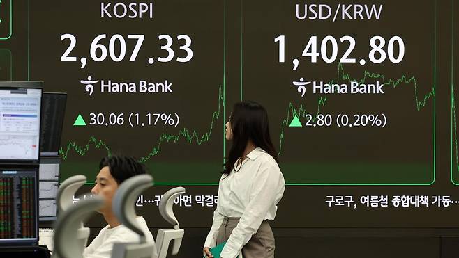 코스피가 전 거래일(2577.27)보다 30.06포인트(1.17%) 상승한 2607.33에 마감한 12일 오후 서울 중구 하나은행 딜링룸 전광판에 지수가 표시되고 있다. 2025.05.12 뉴시스
