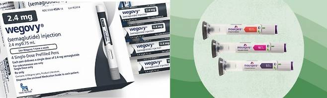 비만치료제 위고비(왼쪽)와 마운자로. 노보노디스크·일라이릴리 제공.