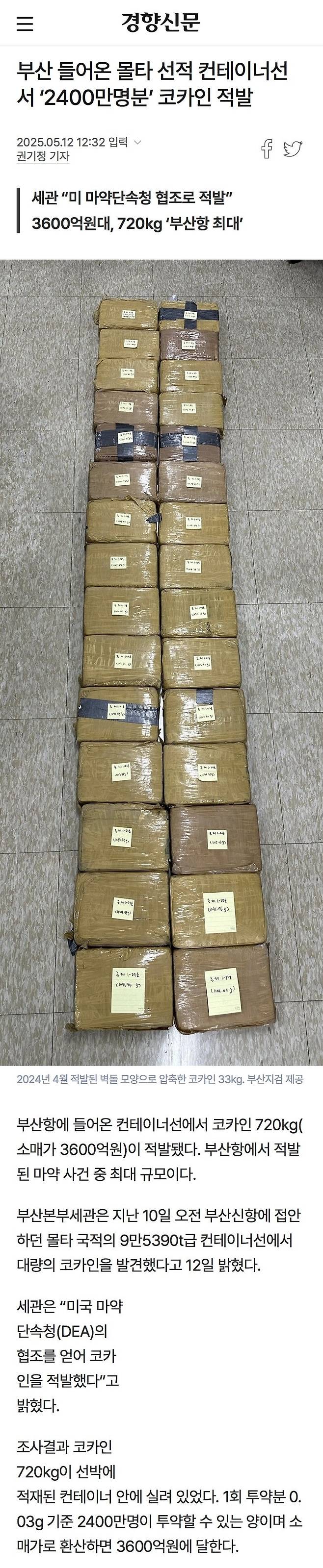 부산 들어온 몰타 선적 컨테이너선서 ‘2400만명분’ 코카인 적발