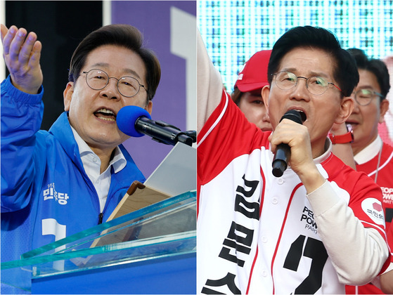 제21대 대통령 선출을 위한 공식 선거운동이 시작된 12일 더불어민주당 이재명 대선 후보(왼쪽)가 대전 으능정이거리 스카이로드에서, 국민의힘 김문수 대선 후보가 대구 서문시장에서 지지를 호소하는 연설을 하고 있다. 연합뉴스