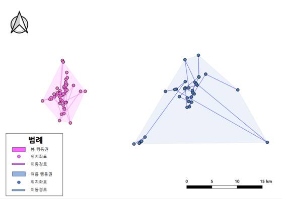 지난해 국립공원공단이 반달가슴곰의 위치를 추적한 결과 봄철(분홍색)보다 여름철(파란색)에 행동 반경이 5.3배 늘어난 것으로 파악됐다. 국립공원공단은 곰의 위치를 파악할 수 있는 지도는 제공하지 않는다고 밝혔다. 사진 국립공원공단