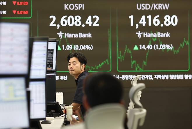 13일 서울 하나은행 본점 딜링룸에서 직원이 업무를 보고 있다. 연합뉴스