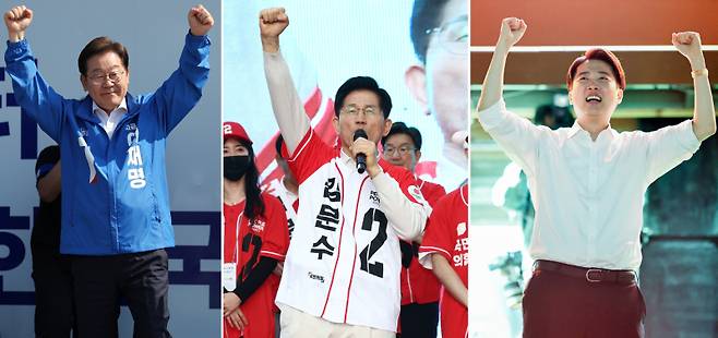 제21대 대통령 선거 공식 선거운동 첫날인 12일 이재명(왼쪽부터)·김문수·이준석 대선후보가 선거운동을 하고 있다. 연합뉴스&nbsp;