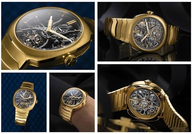 모저앤씨 스트림라이너 투르비용 스켈레톤 부티크 에디션. 17점만 한정 생산됐으며, 한국에는 1점만 입고될 예정이다. 18캐럿 황금 소재의 일체형 브레이슬릿 형태로 만들어졌고, 스켈레톤 구조의 HMC 814 무브먼트가 탑재됐다. [모저앤씨]