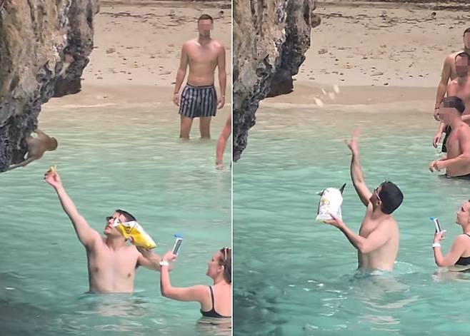 지난 4일 태국 유명 관광지 피피섬에서 원숭이에게 과자를 주고 있는 관광객. [페이스북 ‘Patrick Pokpong Suwannasith’ 캡처]