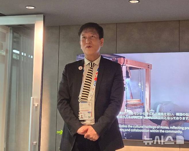 [오사카=뉴시스]김주희 기자=고주원 2025 오사카·간사이 세계 박람회 한국관 전시 총 감독이 13일 일본 오사카 유메시마 엑스포장에서 한국관에 대해 이야기하고 있다. 2025.05.13.