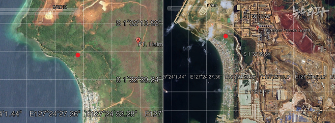 ▲(왼쪽부터) 2012년 5월과  2023년 11월  오비 섬 카와시 마을을 촬영한 위성 사진. 빨간색으로 표기된 부분이 카와시 마을 주민들이 마시고 생활용수로 사용하는 개천의 위치다. (출처: 구글 어스)