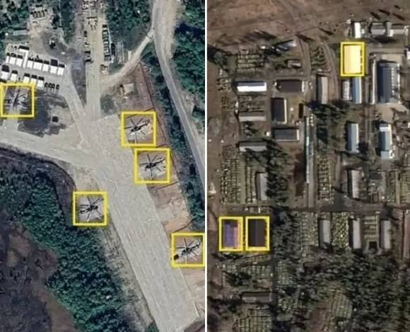 러시아 무르만스크주(州)의 군사 지역인 세베로모르스크-2에서는 개조된 공군기지와 활주로를 따라 비행하는 헬리콥터 여러 대가 확인됐다(왼쪽). 핀란드 국경에서 약 160㎞ 떨어진 페트로자보츠크에서는 새로 지어진 대형 창고 3개가 포착됐는데, 전문가들은 대형 창고의 정체가 장갑차 보관소일 가능성이 높다고 입을 모았다(오른쪽). 스웨덴 SVT 제공