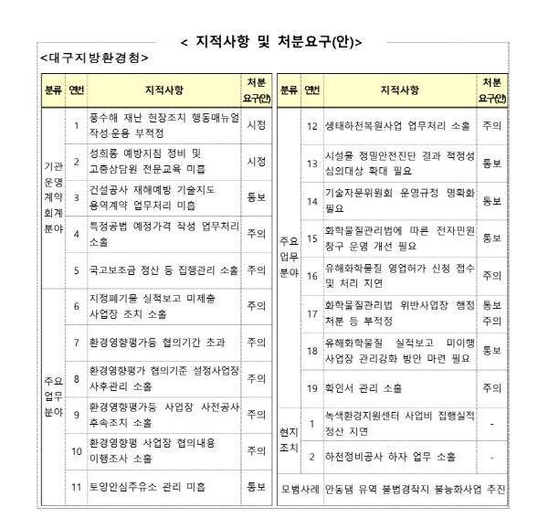대구환경청 종합감사 지적사항·처분요구안. 환경부 제공