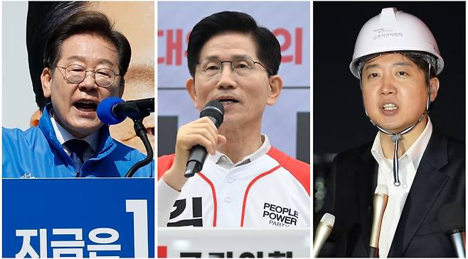 21대 대통령 선거 공식 선거운동이 12일 시작됐다. 왼쪽부터 지지를 호소하는 이재명 더불어민주당 대선후보, 김문수 국민의힘 대선후보, 이준석 개혁신당 대선후보./남강호 기자·뉴스1