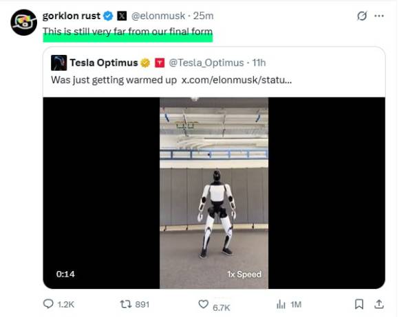일론 머스크 테슬라 CEO가 14일 소셜네트워크서비스(SNS) 엑스에 공유한 춤추는 휴머노이드 로봇 '옵티머스' 영상. [사진=일론 머스크 엑스(X) 계정 캡처]