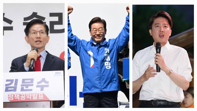 김문수 국민의힘 대선 후보(왼쪽부터)와 이재명 더불어민주당 후보, 이준석 개혁신당 후보. 쿠키뉴스 자료사진