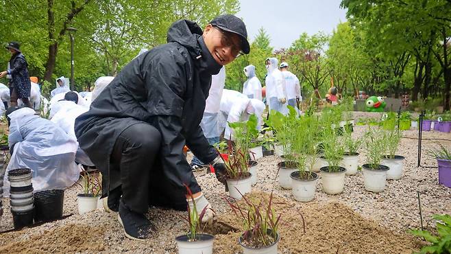 송호섭 다이닝브랜즈그룹 대표가 지난 9일 서울어린이대공원에서 식물 심기 봉사활동을 하고 있다.  다이닝브랜즈그룹