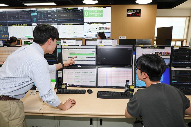KT 직원들이 경기도 과천에 위치한 KT 통합관제센터에서 디도스(DDoS) 등 사이버 공격에 대비하며 관제하는 모습. [KT 제공]