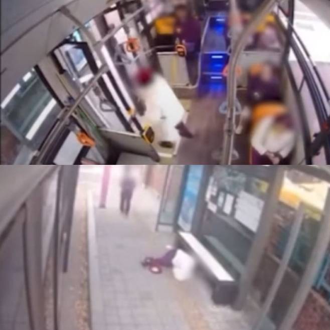 [서울=뉴시스] 인천의 한 시내 버스에서 70대 노인이 버스 문 개폐 중 중심을 잃고 밖으로 넘어지며 심하게 다치는 사고가 발생했다. (사진='한문철TV' 유튜브 캡처) 2025.05.14. *재판매 및 DB 금지