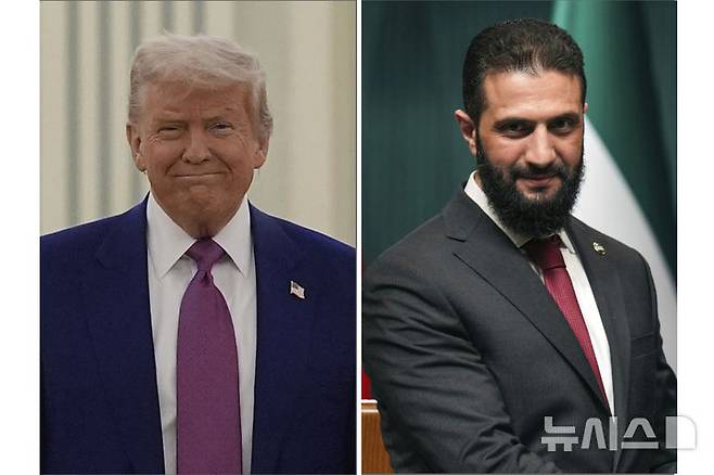 [리야드(사우디아라비아)·앙카라(튀르키예)=AP/뉴시스]13일 사우디아라비아 리야드를 방문한 도널드 트럼프 미 대통령(왼쪽)과 지난 2월4일 튀르키예 앙카라에서의 아흐마드 알-사라 시리아 임시 대통령의 모습을 합성한 사진. 트럼프 미 대통령은 14일 미 대통령으로는 25년 만에 최초로 알-샤라 대통령을 만났다. 2025.05.14.