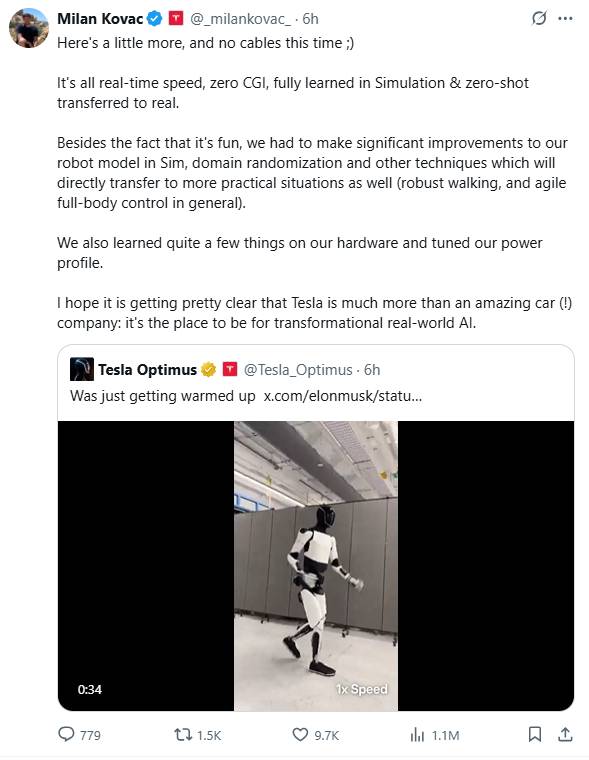 옵티머스 책임자 Milan Kovac이 해당 영상을 공유하며 적은 글 [X @Milan Kovac 캡처]