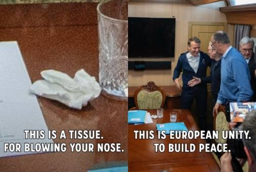 프랑스 대통령실인 엘리제궁이 12일(현지시간) 엑스(X)를 통해 게재한 사진. 에마뉘엘 마크롱 대통령 근처에 있던 구겨진 화장지 사진에 “코 푸는 휴지”라는 설명을 달았다(왼쪽 사진). 마크롱 대통령 등 유럽 주요국 정상들이 악수를 나누는 사진에도 “평화를 위한 유럽의 통합”이라고 적었다(오른쪽 사진). 일부 네티즌을 중심으로 ‘사진 속 휴지가 실제로는 마약 봉지였다’는 음모론이 빠르게 퍼지자 이에 대응하려는 조치다. 엘리제궁 X 캡처