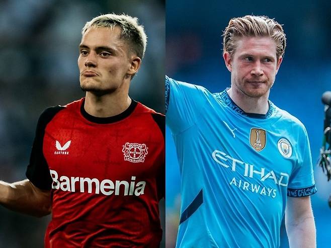 독일 매체 ‘키커’는 13일(한국시간) “플로리안 비르츠(왼쪽)는 현재 맨체스터 시티와 대화 중이다. 구단은 케빈 더브라위너의 후계자로서 그를 영입하고 싶어한다”고 보도했다. 사진출처｜레버쿠젠·맨체스터 시티 페이스북