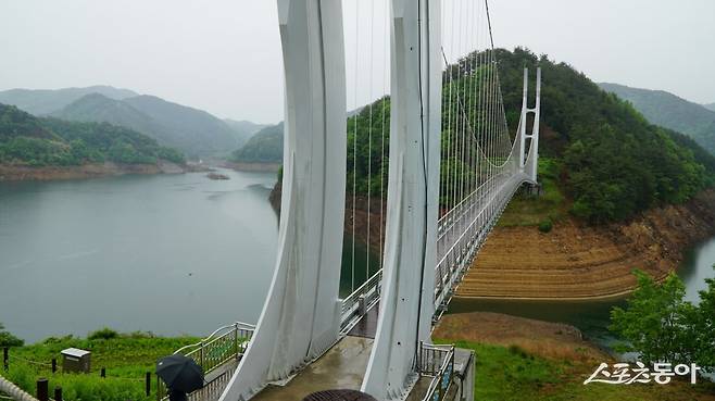 영주 용마루2공원의 용두교.  길이 150m의 현수교로 출렁다리 형식이지만 바람이 세기 부는 날을 제외하고는 평소는  흔들림이 그리 크지 않아 쉽게 건널 수 있다                   영주｜김재범 기자 oldfield@donga.com