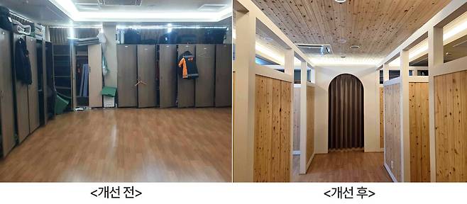 ▲ 개선 전, 개선 후 인천부평소방서 삼산119안전센터 내 직원 대기공간 /사진제공=인천부평소방서