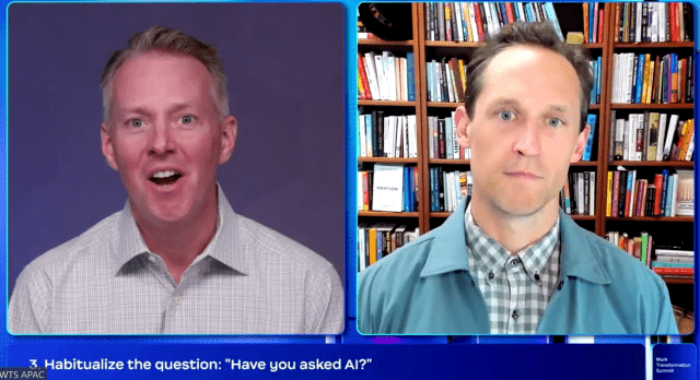 매튜 색슨 줌 CPO(왼쪽)가 제러미 유틀리 스탠퍼드대 교수(오른쪽)와 대담을 진핸하고 있다 (사진=줌)