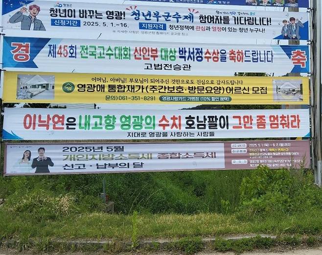 영광군 백수읍 한 마을 앞 게시대에 설치된 이낙연 새미래민주당 상임고문의  정치적 행보를 비판하는 현수막. 심진석 기자