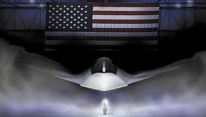 지난 3월 미 공군이 공개한 차세대 전투기 F-47의 그래픽 이미지. F-47에는 최첨단 스텔스 기능과 엔진, AI 기술이 탑재된 것으로 알려졌다. 다만 미 공군은 기밀 유지를 위해 구체적인 설계와 실물을 공개하지는 않았다. /AP 연합뉴스