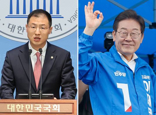 15일 서울 여의도 국회 소통관에서 이재명 더불어민주당 제21대 대선후보 지지를 선언하는 김상욱 무소속 의원의 모습(왼쪽), 15일 전남 여수시 이순신 광장에서 열린 집중 유세에서 연설을 마친 후 시민들에게 '오케이' 사인을 보내는 이재명 후보의 모습(오른쪽).<연합뉴스 사진 갈무리>