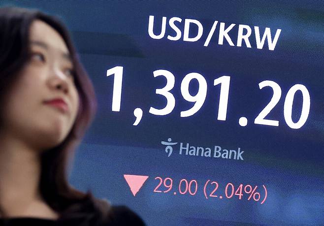 15일 서울 중구 하나은행 본점 딜링룸 현황판에 원/달러 환율이 표시돼 있다. 연합뉴스