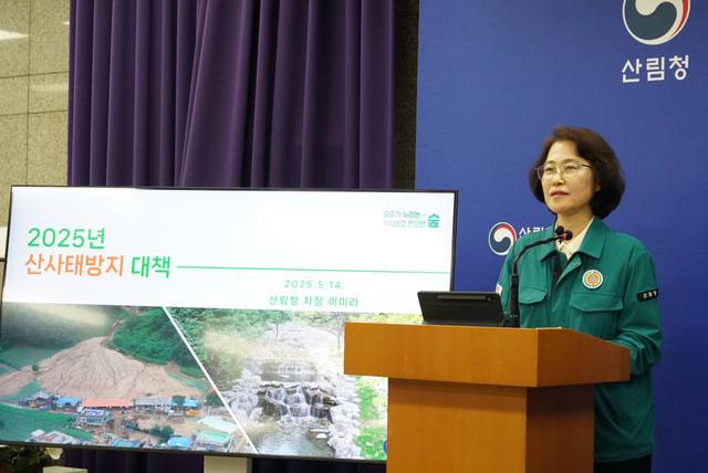 이미라 산림청 차장이 14일 정부대전청사 기자실에서 산사태방지 대책을 발표하고 있다. 산림청 제공