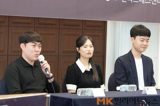 PBA 10번째 구단인 하림의 김준태 박정현 김영원(왼쪽부터)이 14일 서울 중구 한국프레스센터에서 기자회견을 갖고 있다. 김준태는 새로운 동기부여를 위해 PBA에 왔다며 첫 시즌 목표는 우승이라고 말했다.