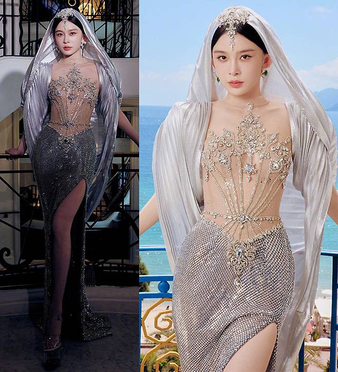 중국 배우 자오잉쯔가 지난 13일 속이 비치는 시스루 드레스를 입고 제78회 칸 국제영화제에 참석했다가 레드카펫에서 쫓겨났다. /사진=자오잉쯔 웨이보