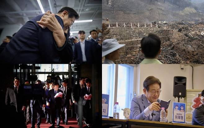 이재명 더불어민주당 대선 후보. 지난달 24일 광주 동구 전일빌딩245, 지난 3월28일 경북 산불 피해 현장, 지난달 18일 웹툰 작가와 간담회가 열린 대구·경북, 지난 2월3일 국회(왼쪽 위부터 시계방향). / 사진 출처=이재명 후보 인스타그램