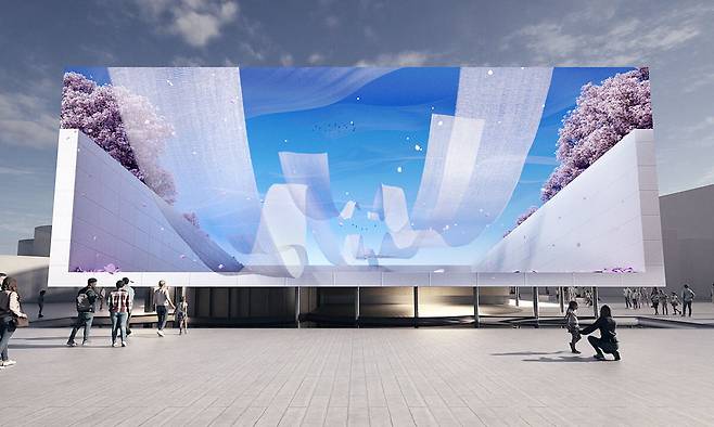 일본 오사카 간사이 세계엑스포 한국관 외부에 설치된 미디어 파사드. 가로 27m, 세로 10m의 LG디스플레이 패널에선 한국적인 미디어 아트가 상영된다.